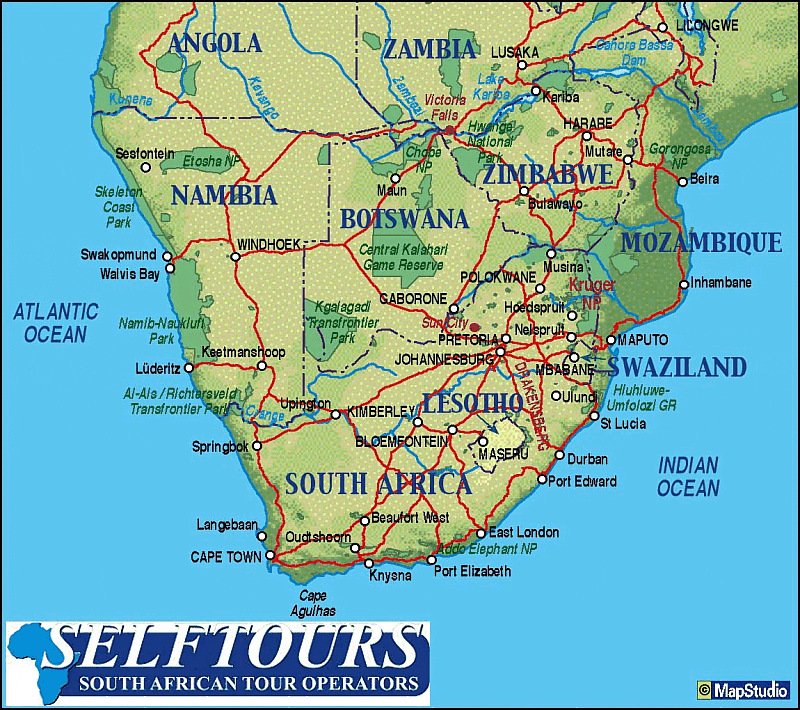 Map of Southern Africa with Country Borders and Major Tourist Destinations